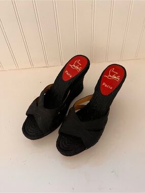 Christian Louboutin Black Woven Platform Wedge Slides